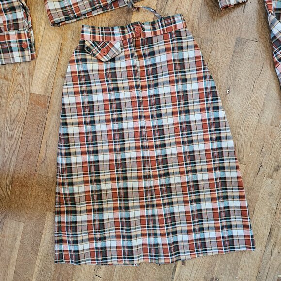 Vintage 70s Green Rust Orange Plaid 3-Piece Set Top Pants Skirt Juniors 5 XXS - Picture 6 of 12